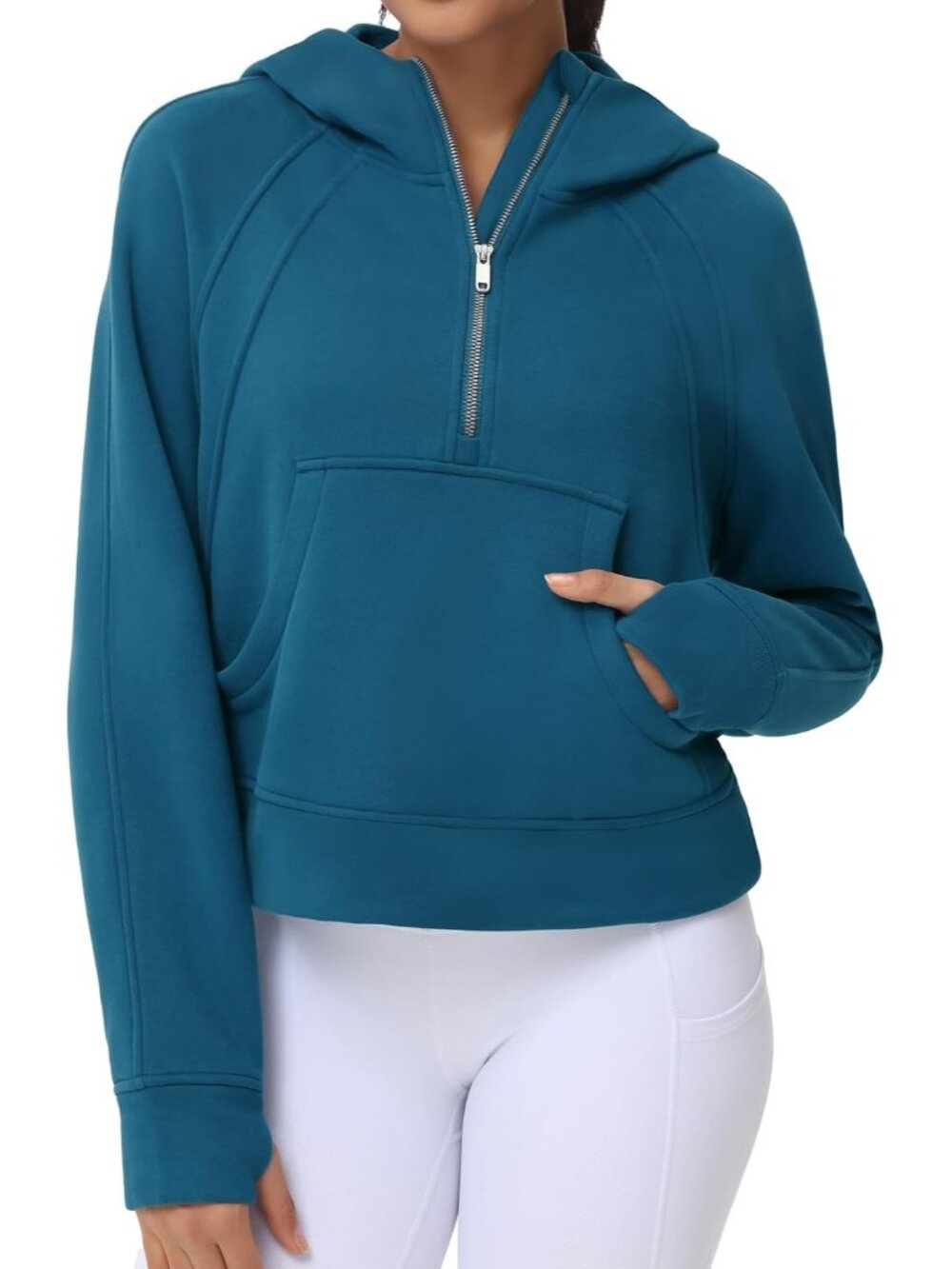 Women's Ice Blue Fleece Lined Half Zip Thumb Hole Cropped Pullover Sweatshirt